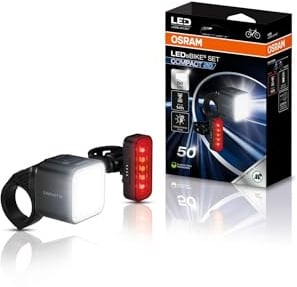 OSRAM LEDsBIKE COMPACT 50 Set, wiederaufladbares Fahrradlicht-Set – Vorder- und Rücklicht, StVZO-geprüft, Garmin-kompatible Halterun, DREI Beleuchtungsmodi, 50 Lux