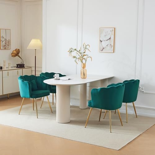 Goldicoo Lot de 4 chaises de salle à manger en velours vert, dos pétale, pieds en métal doré avec coussin papillon, 63 x 58 x 77 cm