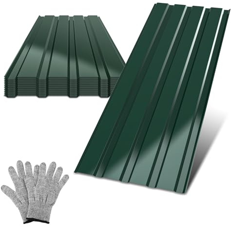 Hebitod 12 lamiere profilate trapezoidali, 129 cm x 46 cm, 7 m², pannelli ondulati per tetto, resistenti alle intemperie, antiruggine, in acciaio zincato da 0,25 mm, con guanti di montaggio, colore
