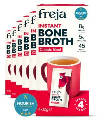 Freja Instant Beef Bone Broth | Beef | 100% Natural | Rich in Collagen, Protein & Amino Acids | Dairy & Gluten Free, 6 boxes (4 x 12g Sachets Per Box)