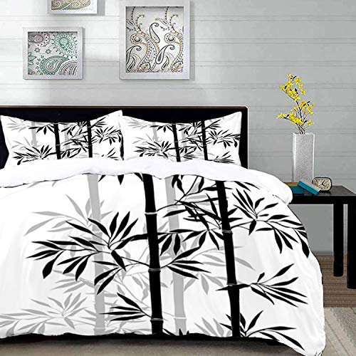 parure de lit adulte,housse de couette,Arbre de vie,Silhouette de feuilles de bambou spirituelles japonaises Image Zen,Feng Shui Bo,1 Housse de couette 220 x 240 cm + 2 Taies d'Oreillers 63 x 63 CM