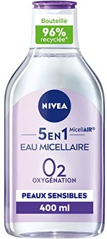 NIVEA MicellAIR SKIN BREATHE Eau Micellaire Peaux Sensibles (1 x 400 ml), démaquillant 3 en 1 sans parfum ni colorant, nettoyant visage, yeux & lèvres