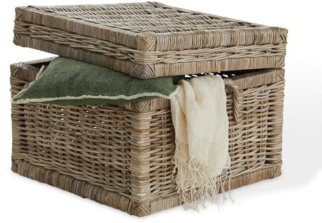 Loberon Truhe Tellier, hochwertige Handarbeit, dezentes Antik-Finish, Vintage-Charme, Aufbewahrung, Ordnungshelfer, Rattan, braun