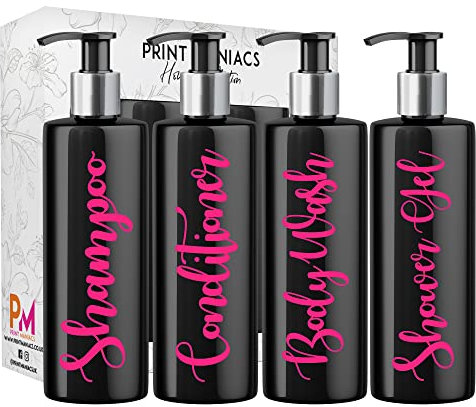 Print Maniacs Black Mrs Hinch Inspired Personalised 500ml Pump Bottles Bathroom Lotion Kitchen Set Shampoo Conditioner (Shower Gel Set) (Pink)