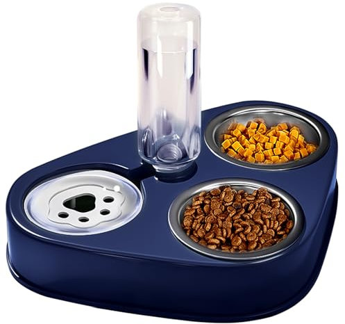 Rostfreier Stahl Doppelnapf,3 in 1 Katzenfutternäpfe Hoch mit Automatischem Wasserspender,Doppelter Futternapf Kleine und Mittlere Katzen und Hunde (Blau)