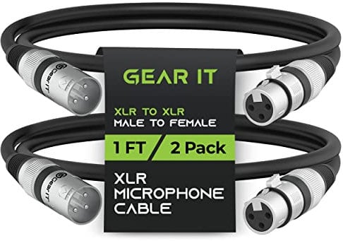 GearIT XLR Microphone Cable (1 Feet, 2 Pack) - Male to Female, 3-Pin Balanced Shielded XLR Cable for Mic Mixer, Recording Studio, Podcast - Black, 1Ft, 2 Pack