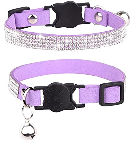 FUNAT Katzenhalsband mit Strasssteinen mit Glocke, Mikrofaser Weiches und bequemes Katzenhalsband, Katzenhalsband mit Katzenkopf-Sicherheitsschnalle