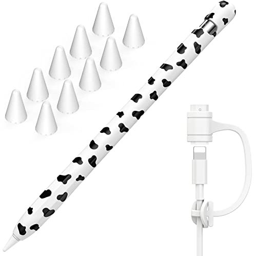 NIUTRENDZ Custodia con Stampa di Mucca per Apple Pencil 1ª Generazione Custodia Cover Silicone Protettivo Accessori con Apple Pencil Tips Cover & Cable Adapter Tether (Mucca + Nero)