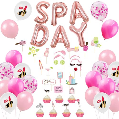 JOYMEMO Ensemble de décorations de jour de spa - Bannière de jour de spa, accessoires de cabine photo, décorations de gâteau, ballons à lèvres pour fournitures de fête de salon de maquillage