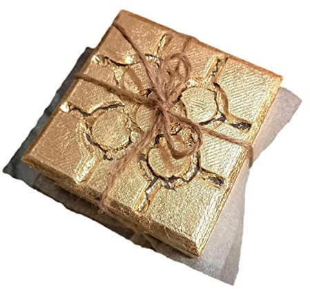 3 posavasos Baldosa roseta de Bilbao en hormigón con acabado metal color dorado, despedidas Bilbao, bodas Bilbao, eventos Bilbao, recuerdo de Bilbao, regalo de Bilbao, Yumilab