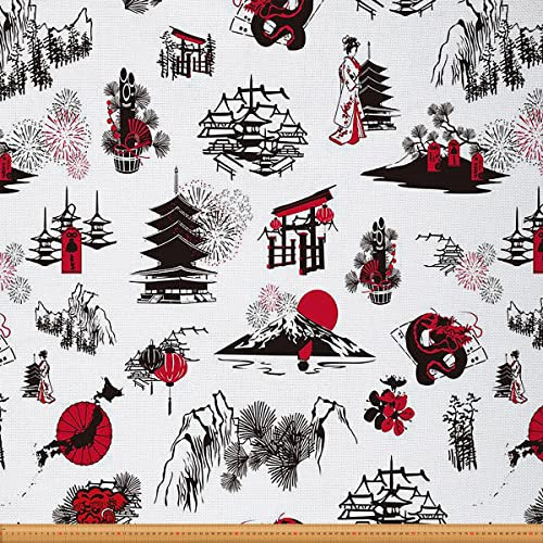 Japanischer Stoff Von Der Japanischer Ukiyoe Polsterstoff Berg Fuji Dekorstoff Traditioneller Japanischer Geisha Mädchen Stil Orientalischer Roter Sonnendrache Wasserdichter Stoff 92 x 150 (HxB)