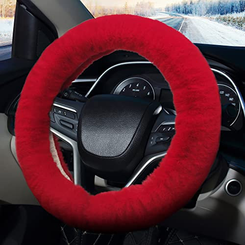 Pahajim Lenkradbezug Fell Lenkradhülle Winter Universal 36-39cm Lenkrad Fellbezug Lenkradschoner Lenkrad Uberzug Plüsch Atmungsaktiv Lenkradschutz (Rot)
