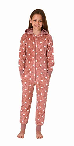 Normann Kuschelig Warmer Mädchen Jumpsuit Schlafanzug Overall aus Coralfleece in Tupfen Optik, Farbe:rosa, Größe:128