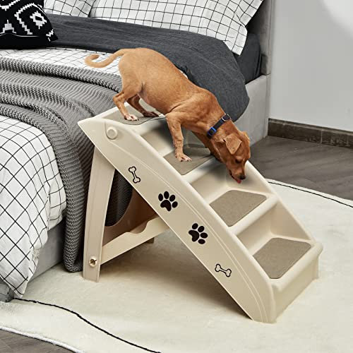 GYMAX Escalera para Mascotas con 4 Peldaños, Plegable de Plástico para Perros con Almohadillas Antideslizantes, 4 Alfombras y Estructura Triangular, Ayuda de Escalada para Gatos, Perros (Beige)