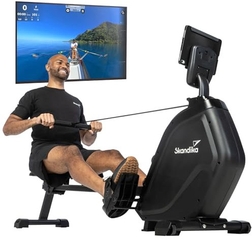 Skandika Rudergerät Munin | Rudergerät für zuhause, klappbar, 16-stufiger Magnetwiderstand, 8 kg Schwungmassensystem, Kinomap App kompatibel | Fitnessgerät (schwarz)