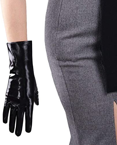 DooWay Damen-Handschuhe, lang, Leder, glänzend, 28 cm, Kunstleder, PU-Wetlook, Schwarz, Glänzendes Schwarz, 28 cm, 85