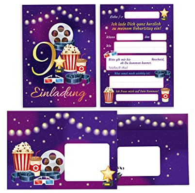12 Einladungskarten incl. 12 Umschläge zum 9. Kindergeburtstag Kino neunte Geburtstag Mädchen Jungen Cinema Kino-Party