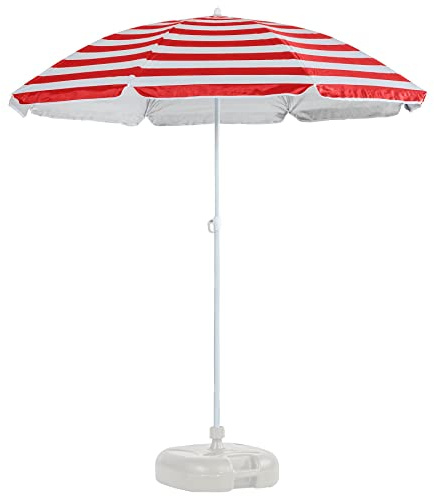 Harbour Housewares Red Striped Beach Parasol with Base - 1.74 x 1.93m - UPF 50+ Portable Garden Umbrella with White Base Lightweight UV Sun Protection Umbrella for Picnics, Garden and Beach Days