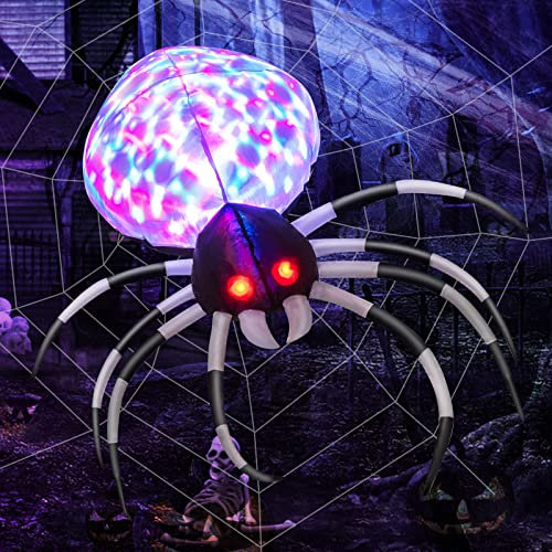 GYMAX Halloween Deko, Aufblasbares Spinnenset mit LED- & Disco-Lichter, Halloween Dekoration mit abnehmbarem Spinnennetz, Halloween Spinnenset mit Gebläse, Spinnenspielzeug für Haus & Geschäftsraum