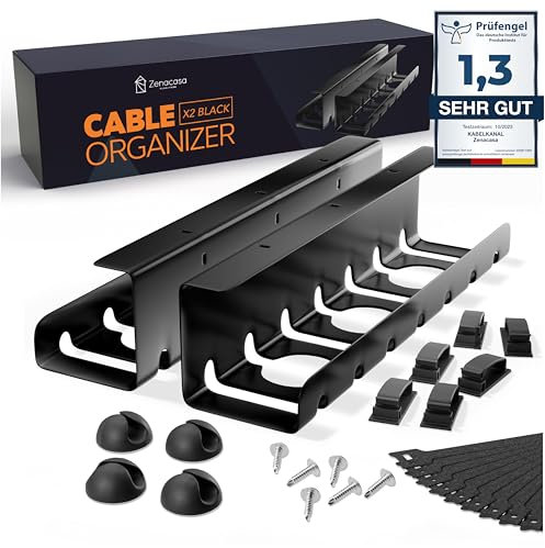 Zenacasa Organizador Cables Escritorio (Set de 2) de Acero Negro - Montaje Sencillo - Bandeja Cables Escritorio Robusta y Práctica