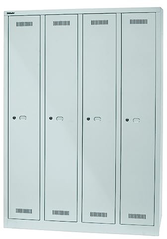BISLEY Garderobenschrank MonoBloc abschließbar mit Belüftungsschlitzen, Hutboden, Handtuchhalter, Kleiderstange & 3 Haken - Spind mit Schloss - 4 Abteile, Farbe: lichtgrau