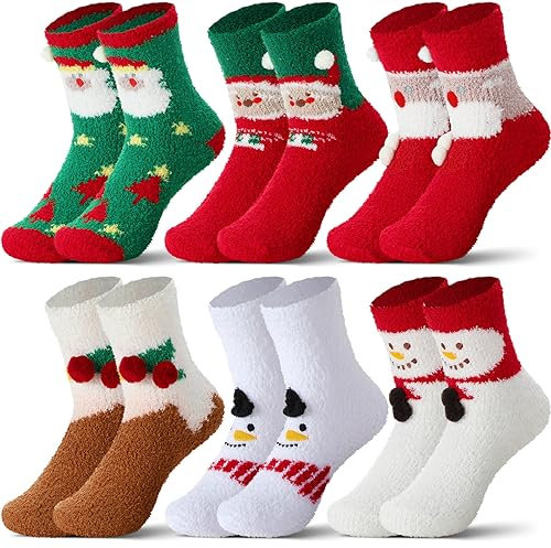 Neer 6 Paia Calzini Natalizi Soffici Caldi in Pile Calze Pantofola di Natale Invernali per Donna Ragazzi (Pupazzo Neve)
