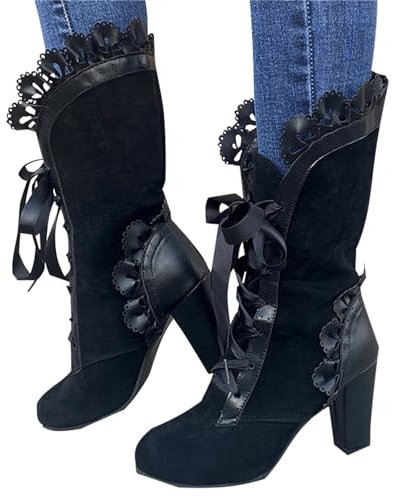 tinbarry Stivaletti Tacco Basso Donna Stivali Vittoriani Vintage Stivali Punk Gotici con Gambo Corto Stivali in Pelle a Punta PU Ankle Boots con Zip con Lacci Stivali per Costumi da Festa