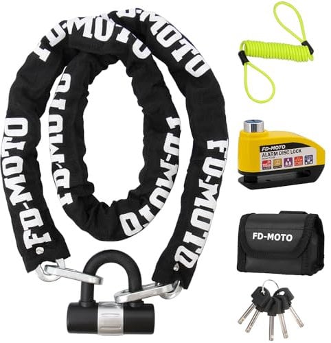 FD-MOTO Black/Yellow Alarm Disc Lock & Reminder Cable & 1.5M*10mm STEEL Heavy Duty Motorbike Chain Lock