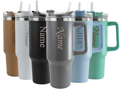 Personalised Engraved Thermal Tumbler, 40oz/1135ml Insulated Travel Cup, Large Grey Travel Coffee Mug, Customise with Any Name and Font, Stainless Steel, Straw and Handle
