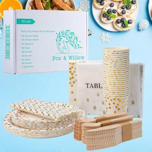 Fox & Willow Party Tableware 201 PCS White and Gold Disposable Tableware Set for 25 Guests Includes Paper Plates, Napkins, Paper Cups, Paper Straws