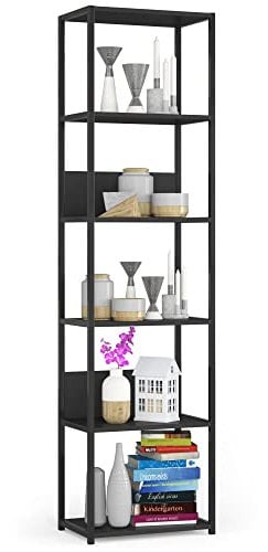 AKORD Libreria Industrial Style a 6 Ripiani 50 cm | Libreria Ferro e Legno | Aperto | Struttura a Scaletta | Scaffali autoportanti per Ufficio, Cucina, Bagni, Soggiorni | Biblioteca Nero