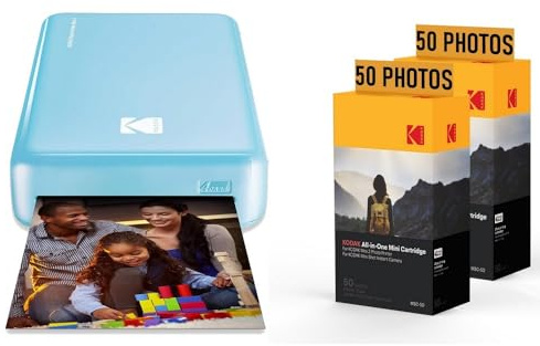 KODAK Fotodrucker PM220 und 2 Patronen MSC50 – Fotos 5,4 x 8,6 cm, WiFi, kompatibel mit iOS und Android – Blau