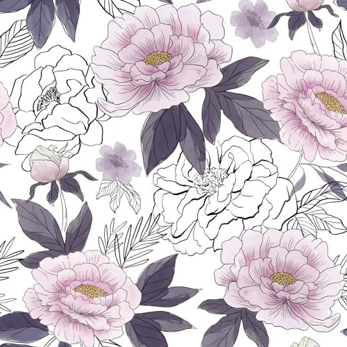 Fvlow Papier peint autocollant blanc à motif floral violet vintage papier peint en vinyle pour chambre à coucher salon film adhésif mural autocollant 44,5 cm × 300 cm