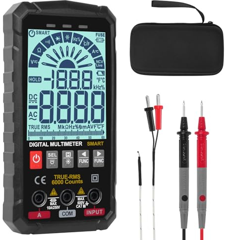 WGGE Digital Multimeter Voltmeter Smart Electrical Tester Measures Voltage Current Resistance Continuity Duty-Cycle Capacitance Temperature Frequency Auto Ranging 6000 Counts TRMS
