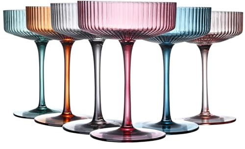 LUXULISH Art Deco Colored Vintage Coupe Glasses, Ribbed Crystal Handmade Martini & Cocktail Glasses, Perfect for Dessert, Manhattan, Cosmopolitan, Gimlet, Pisco Sour - 7Oz, DLX-02