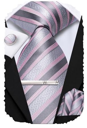 Hi-Tie Cravatte di seta da uomo rosa, blu, nero, set di 4 cravatte da tasca quadrata gemelli clip pin per matrimonio, Argento e rosa., M