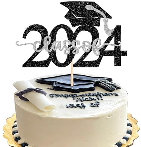 Xsstarmi 1 Packung Tortendeko Abschluss 2024 Graduation Tortenaufsatz Glitzer Grad Cap Kuchen Pick Congrats Grad Kuchen dekorationen Class of 2024 Graduation Abschluss Party Zubehör Schwarz Silber