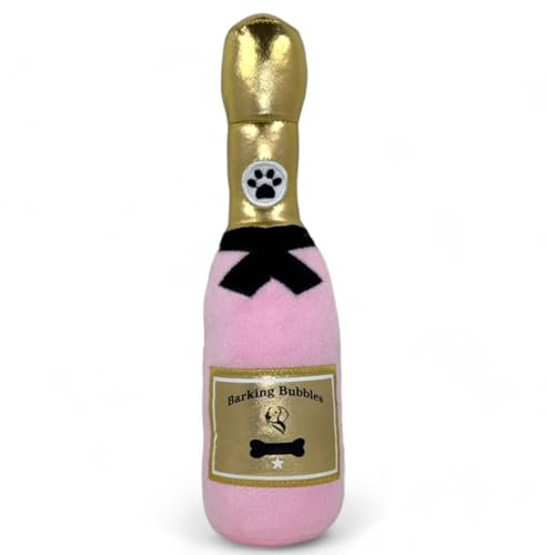 MIJOMA Hundespielzeug Barking Bubbles - Plüsch-Champagnerflasche für Hunde, Quietschgeräusch, Robustes Polyester, 28 cm (Rosa)