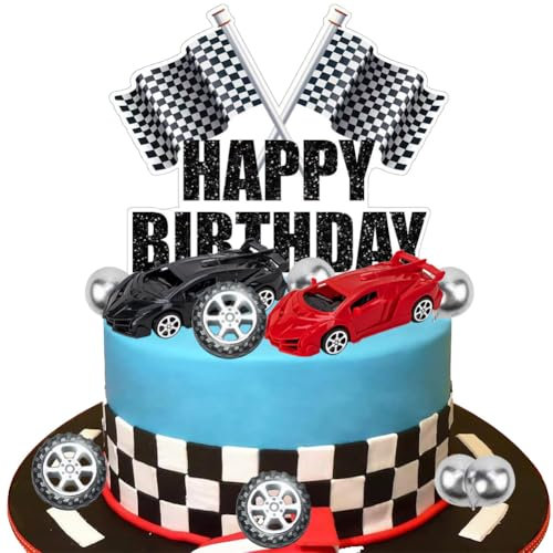 HGSHUO Rennwagen Tortendeko Geburtstag Kuchen Deko Racing Car Cake Topper Happy Birthday Torte Deko Auto Kuchendeko Kuchendekoration Rennen Cupcake Topper Kindergeburtstag