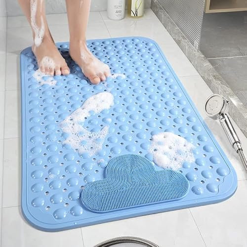 Moulaelos Tapis de douche antidérapant, 80 x 80 cm, tapis de bain antidérapant avec ventouses, tapis de douche confortable, tapis de douche, lavable en machine, bleu
