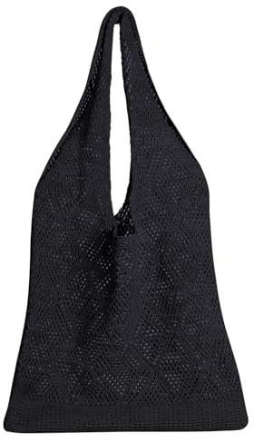Risipu Mesh Beach Bag Crochet Tote Bag for Women Knit Vacation Boho Tote Bag Summer Hobo Bag (Black)