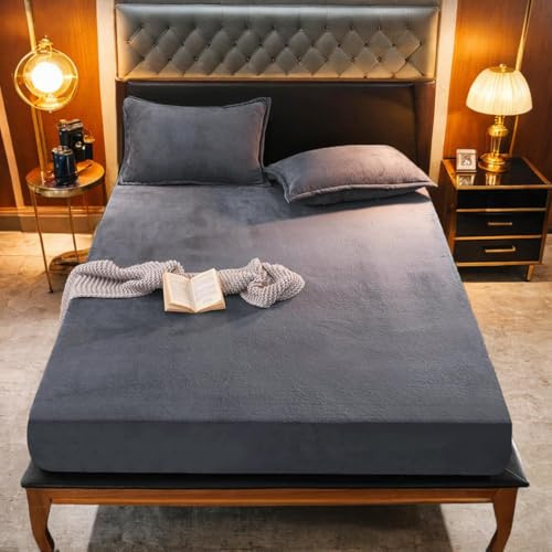 Gezu Plüsch Winter Warm Spannbetttuch 160x200cm Grau Anthrazit | Warme Kuschelige Spannbettlaken Bettlaken Boxspringbett Frottee Samt Uni Bettspanntuch für Hohe Matratze Hoher Steg bis 25-30