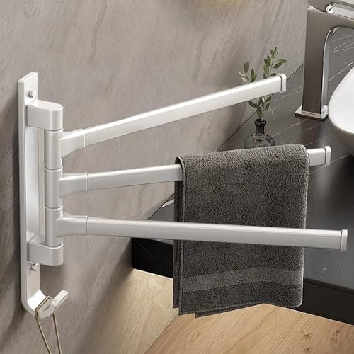 Mr.Sun Porte-Serviettes sans perçage - 33 cm - Porte-Serviettes d'invité à Coller ou à percer - Convient pour Mur, Salle de Bain et Cuisine - Design Rotatif avec Crochet en Aluminium (Blanc)