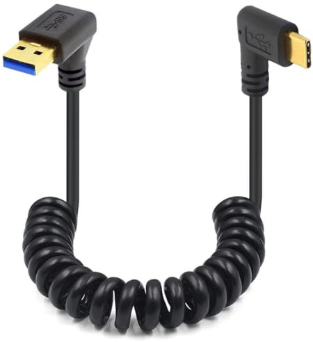 HTGuoji Câble spiralé USB type C, ressort à 90 degrés, 5 Gbit/s, rétractable USB 3.0 à angle droit vers type C, câble de charge et de transfert de données USB C doré vers USB 3.0 A mâle pour