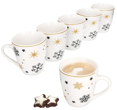 MamboCat 6er Set Stars schwarz & gold Kaffeebecher I 300 ml I aus Steingut mit Sternen & Schneeflocken I 6 Personen I für Glühwein, Latte Macchiato & Co
