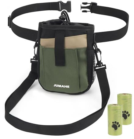 OWill Dog Treat Pouch Bag with 2 Roll of Poop Bags, 5 Pockets Dog Walking Bag, 3 Ways to Wear with Adjustable Waist & Shoulder Belt, Easily Carries for Walking & Training