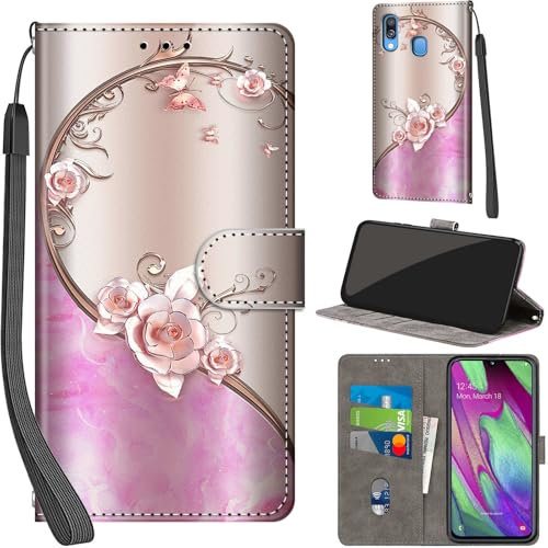 Handyhülle für Samsung Galaxy A40 Hüllen Premium Leder Case Klappbar Wallet Magnet Kartenfach Standfunktion Schutzhülle kompatibel mit Samsung A40 Cover,Rose