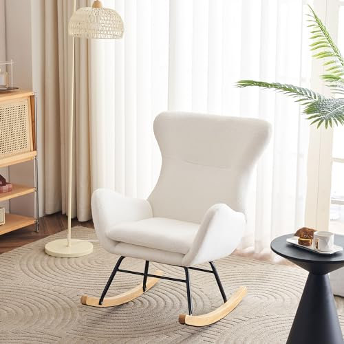 Merax Schaukelstuhl schaukelsessel Relaxsessel Rocking Chair Teddy-Samt-Schaukelstuhl, bis 150 KG belastbar, für Schlafzimmer, Wohnzimmer, Kinderzimmer, Weiß/96X66X90 cm