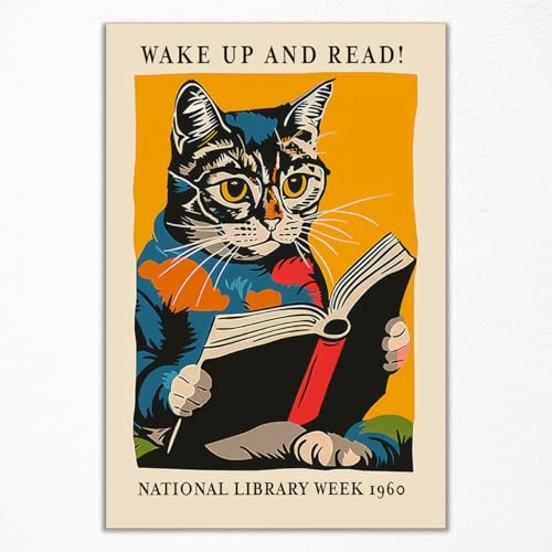 GAINOW Vintage Katze und Buch Poster, Wake Up and Read Inspirierende Wandkunst Leinwand, Retro 1960 National Library Week Wandkunst, Lesekunst für Buchliebhaber Wanddekoration 40x60cm ungerahmt