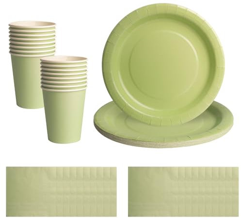 Service de table jetable vert sauge 52 pièces – 20 serviettes en papier, 16 tasses, 16 assiettes en carton de 17,8 cm | Vaisselle biodégradable de couleur unie vert sauge pour anniversaires, mariages